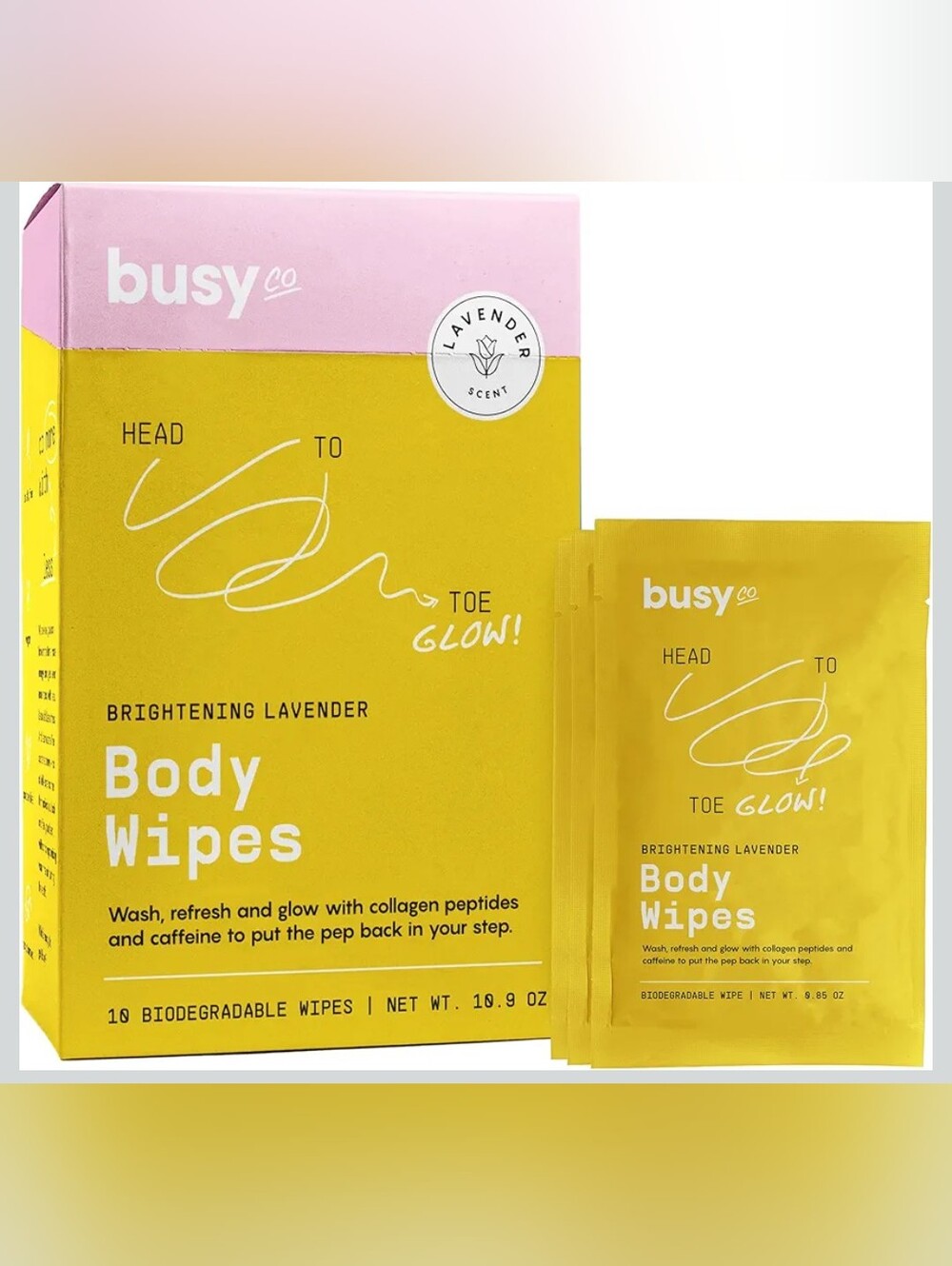 BUSY CO Brightening Lavender Body Wipes Caffeine Collagen 2 Individual Packs